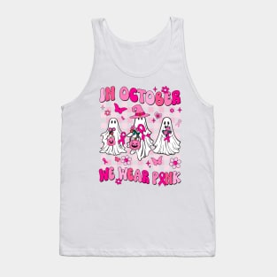 In October We Wear Pink Ghosts For Breast Cancer Women Groovy Tank Top